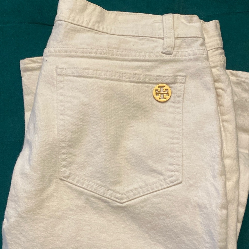 Tory Burch White Straight Leg Jeans with Gold Logo Button